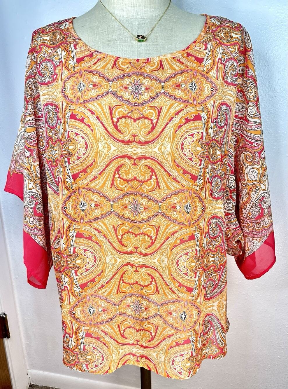 Dressbarn Plus 2X Pink And Orange Paisley Semi Sheer Flowy Blouse